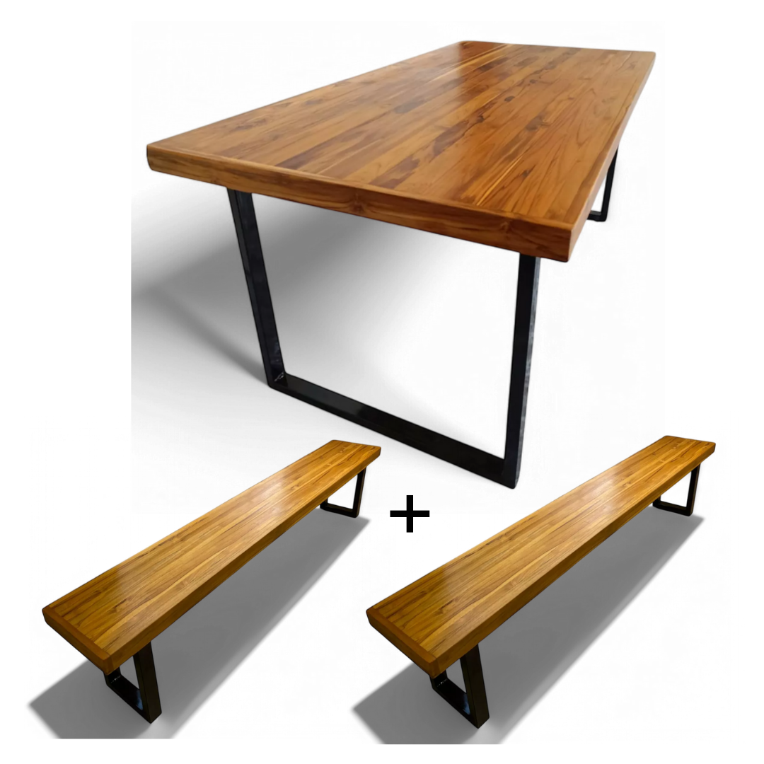 Mesa de Jantar Teca Madeira Maciça 1,6m + 2 Bancos 1,6m
