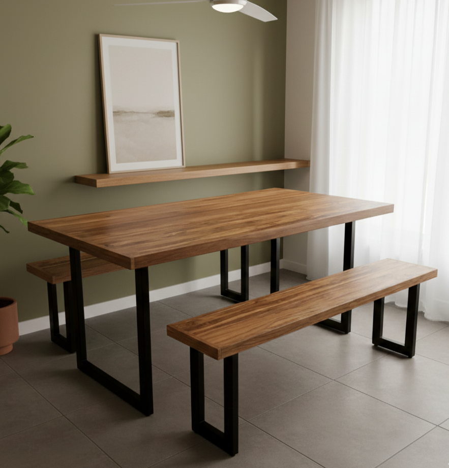Mesa de Jantar Essência Madeira Maciça Teca 2 Metros + 2 Bancos 2 Metros