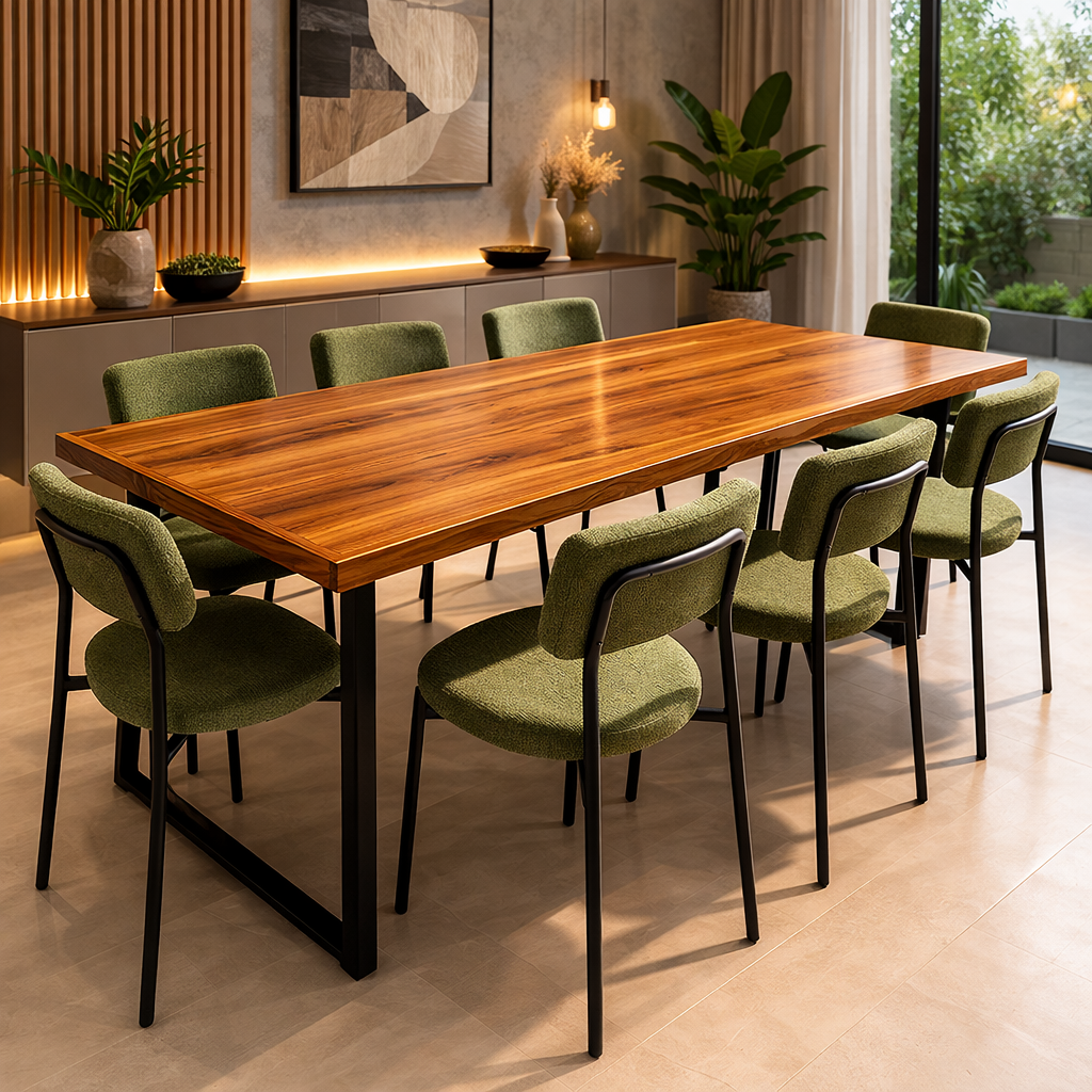 Mesa de Jantar Essência Madeira Maciça Teca 200x90 + 8 Cadeiras Veneto