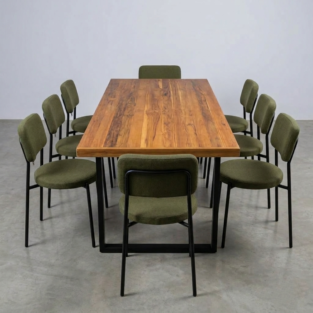Mesa de Jantar Essência Madeira Maciça Teca 200x90 + 8 Cadeiras Veneto