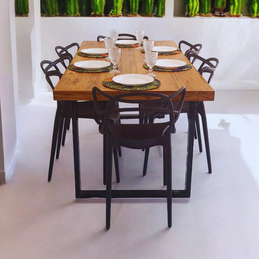 Mesa de Jantar Essência Madeira Maciça Teca 1,6m + 6 Cadeiras Allegra